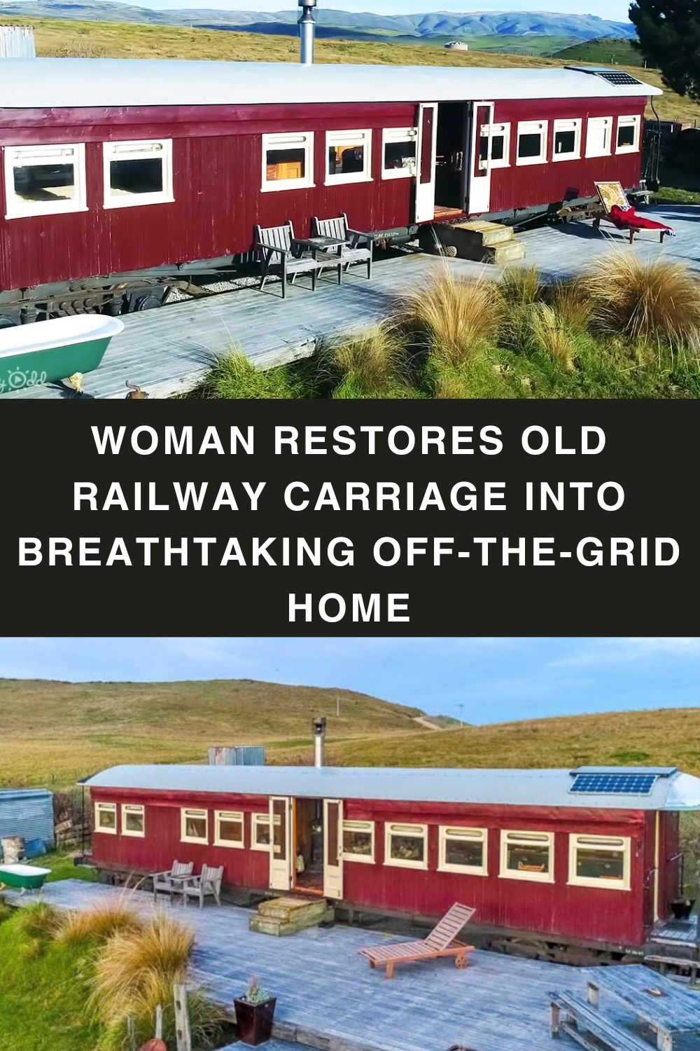 Woman restores old railway carriage into breathtaking off-the-grid home with spectacular views pin