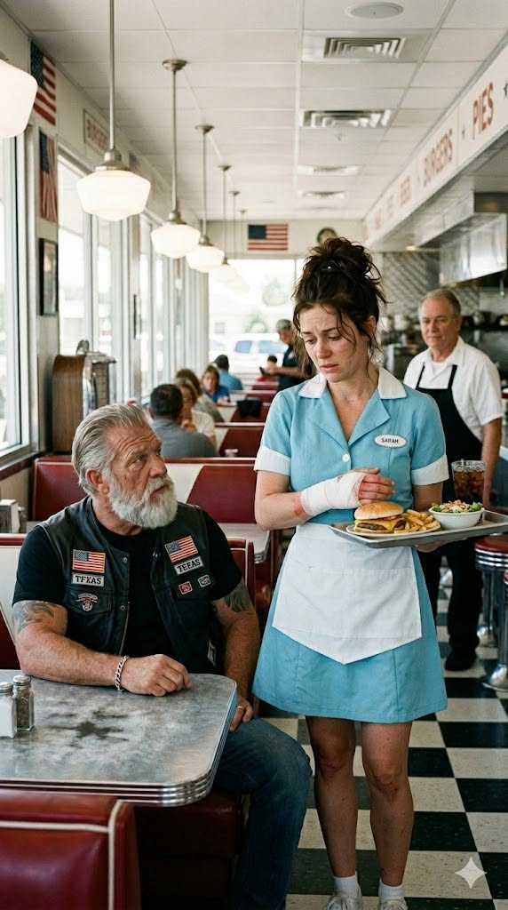 Former Biker Boss Noticed a Young Waitress Hiding a Broken Hand at a Desert Diner