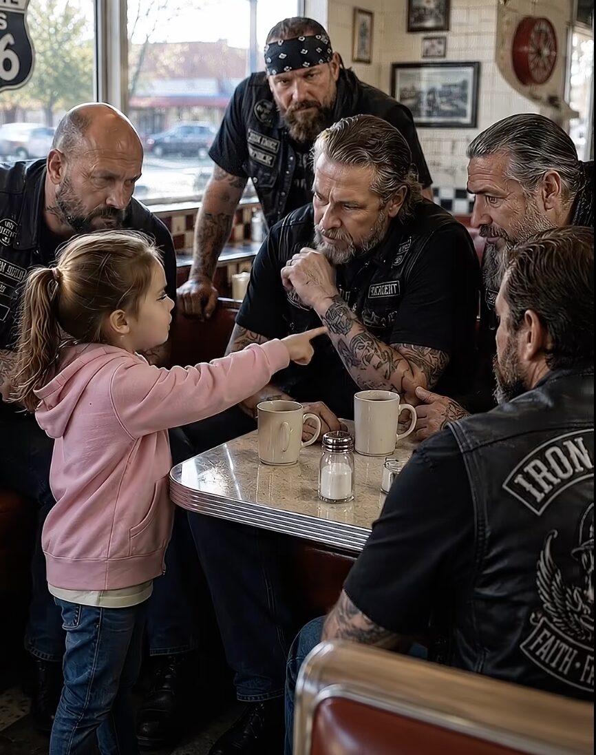 Little Girl Waiting for Her Mother at a Roadside Diner Pointed at a Biker’s Tattoo