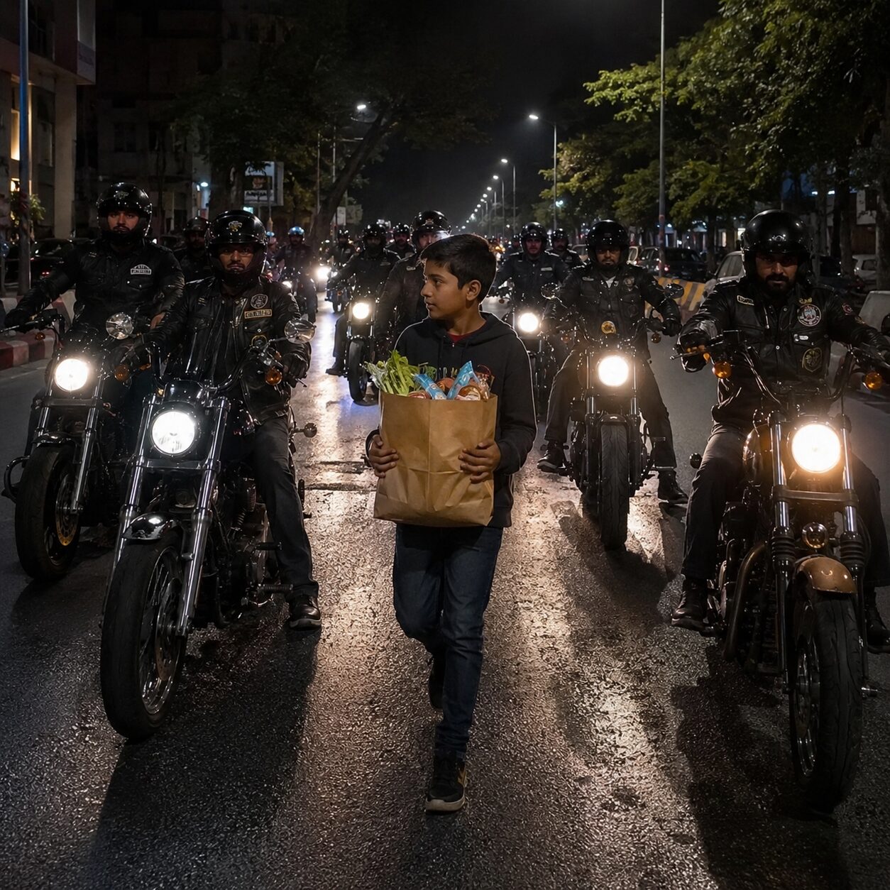 The 16 Bikers Who Followed the Boy Carrying Groceries at Midnight