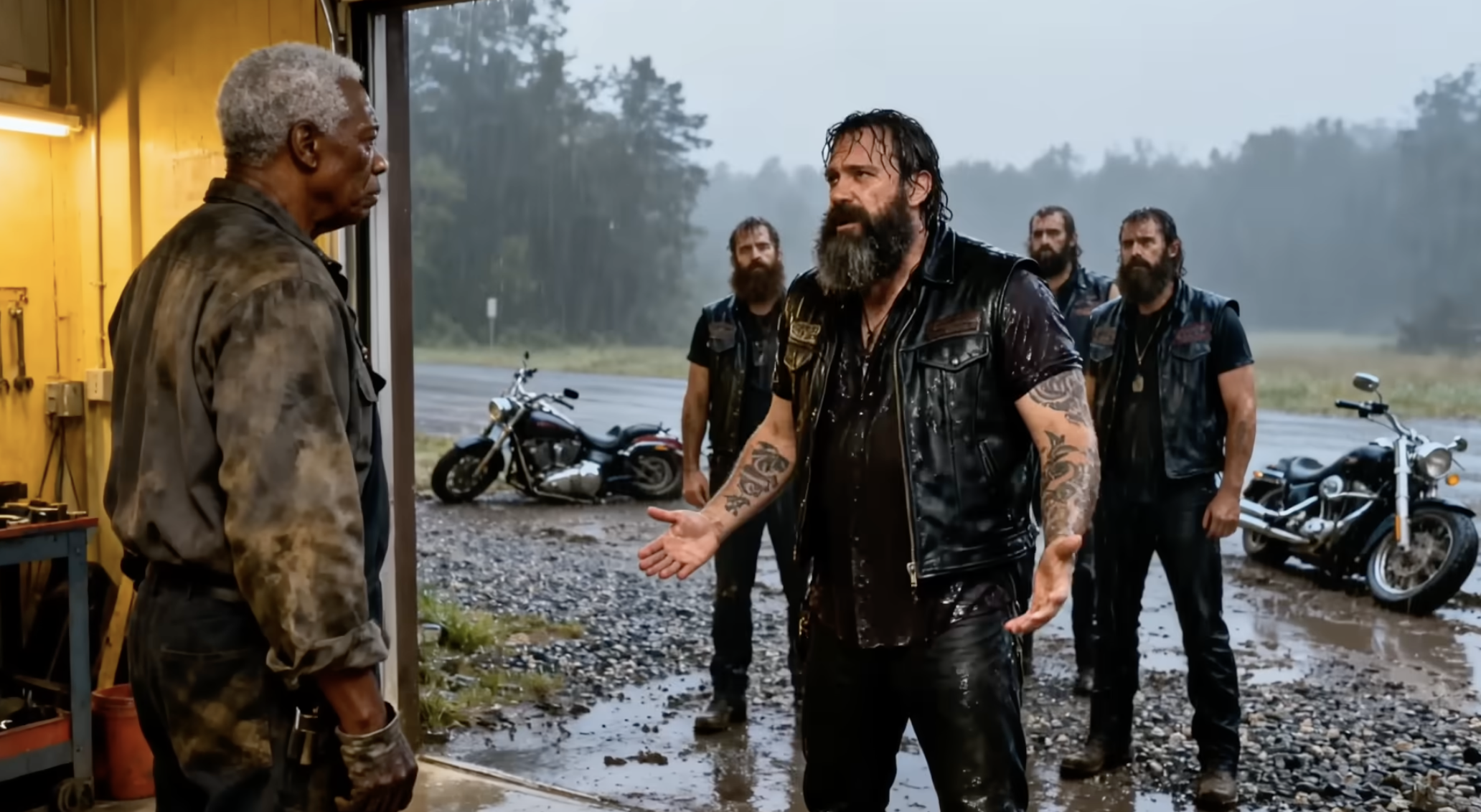 Old Black Mechanic Helps Stranded Bikers in the Rain — What Rolls Into His Shop at Dawn Stuns Him
